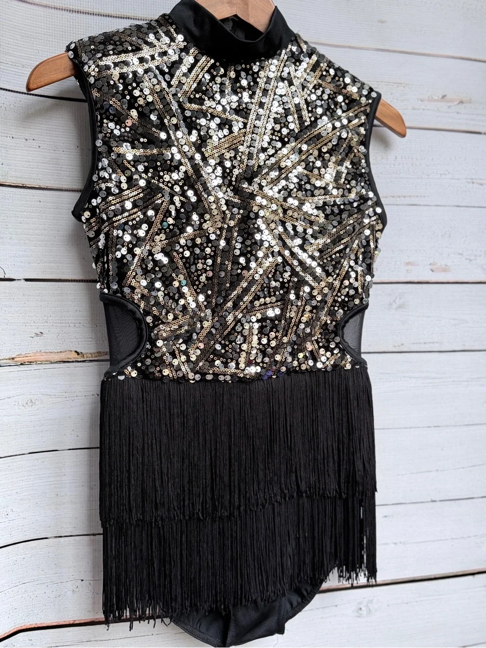 Black & Gold Sequin Fringe Dance Leotard - Kids